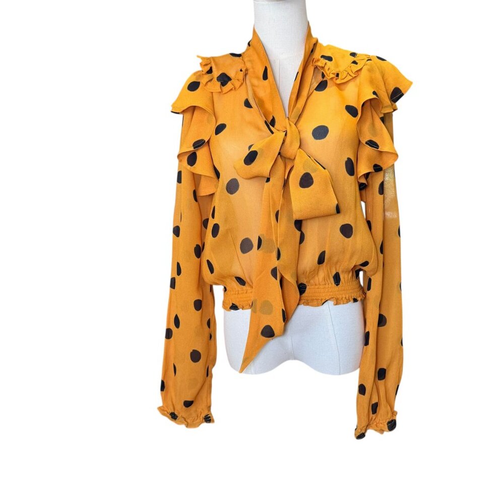 Farm Rio XS Mustard Yellow Polka Dot Ruffle Sheer Blouse NWT - Picture 3 of 11